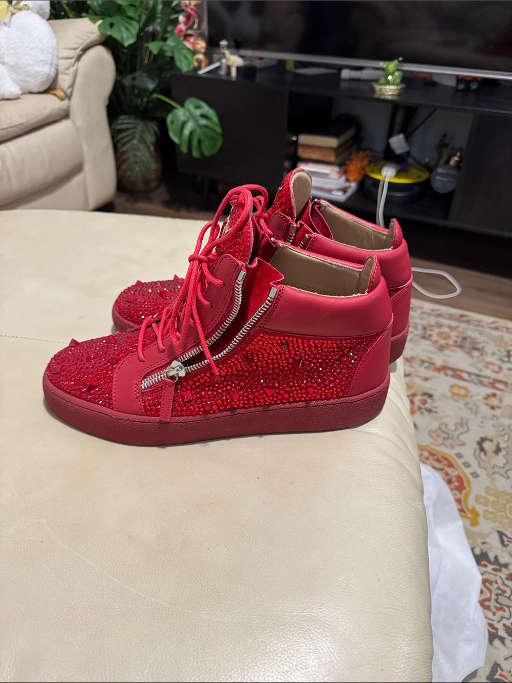Giuseppe Zanotti Red Crystal-Embellished High-Top Sneakers